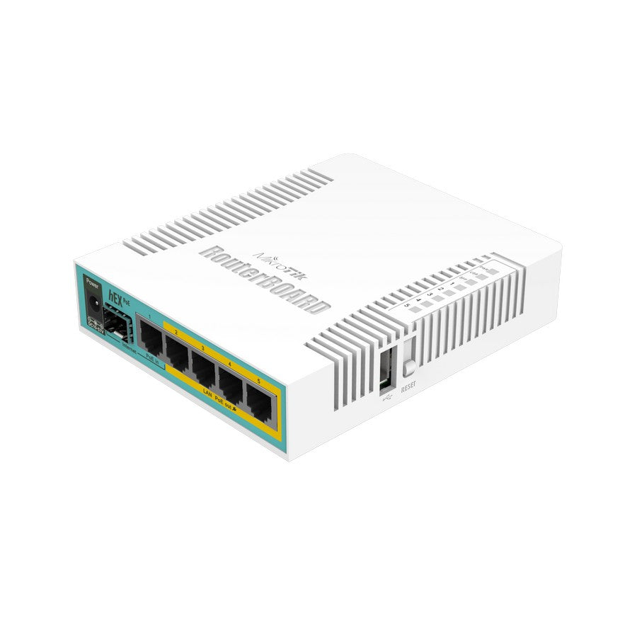 hEX PoE (RB960PGS) - Router de 5 ptos. Gigabit Ethernet con soporte PoE en 4 ptos, SFP, USB y RouterOS L4.