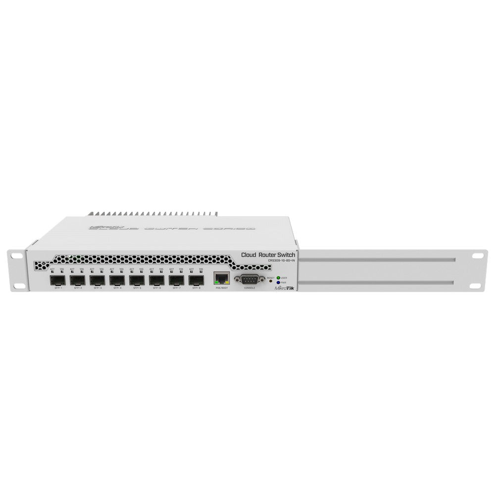 CRS309-1G-8S+IN. Switch de Escritorio de 8 ptos. SFP+ 10 Gbps y un puerto Gigabit Ethernet.