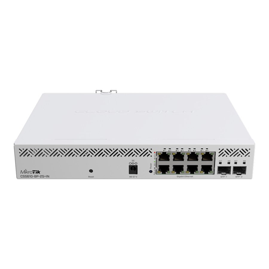 CSS610-8P-2S+IN, Switch 8 EthGb PoE 802.3af/at 140W, 2 SFP+ p/rack, SwitchOS Lite - MIKROTIK